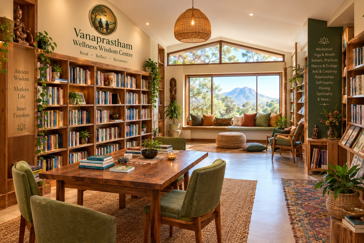 Artist's impression of the Wellness Wisdom Centre library: full-height wooden bookshelves, a large wooden reading table with upholstered chairs, an armchair and a cushioned window seat framing distant hills.