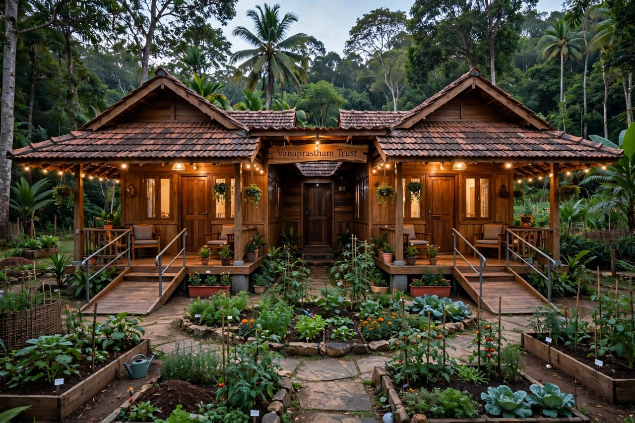 Artist's impression of two timber cottages joined by a covered breezeway, each with a small porch, an entrance ramp and handrails, facing stone pathways and raised vegetable beds beneath coconut palms.