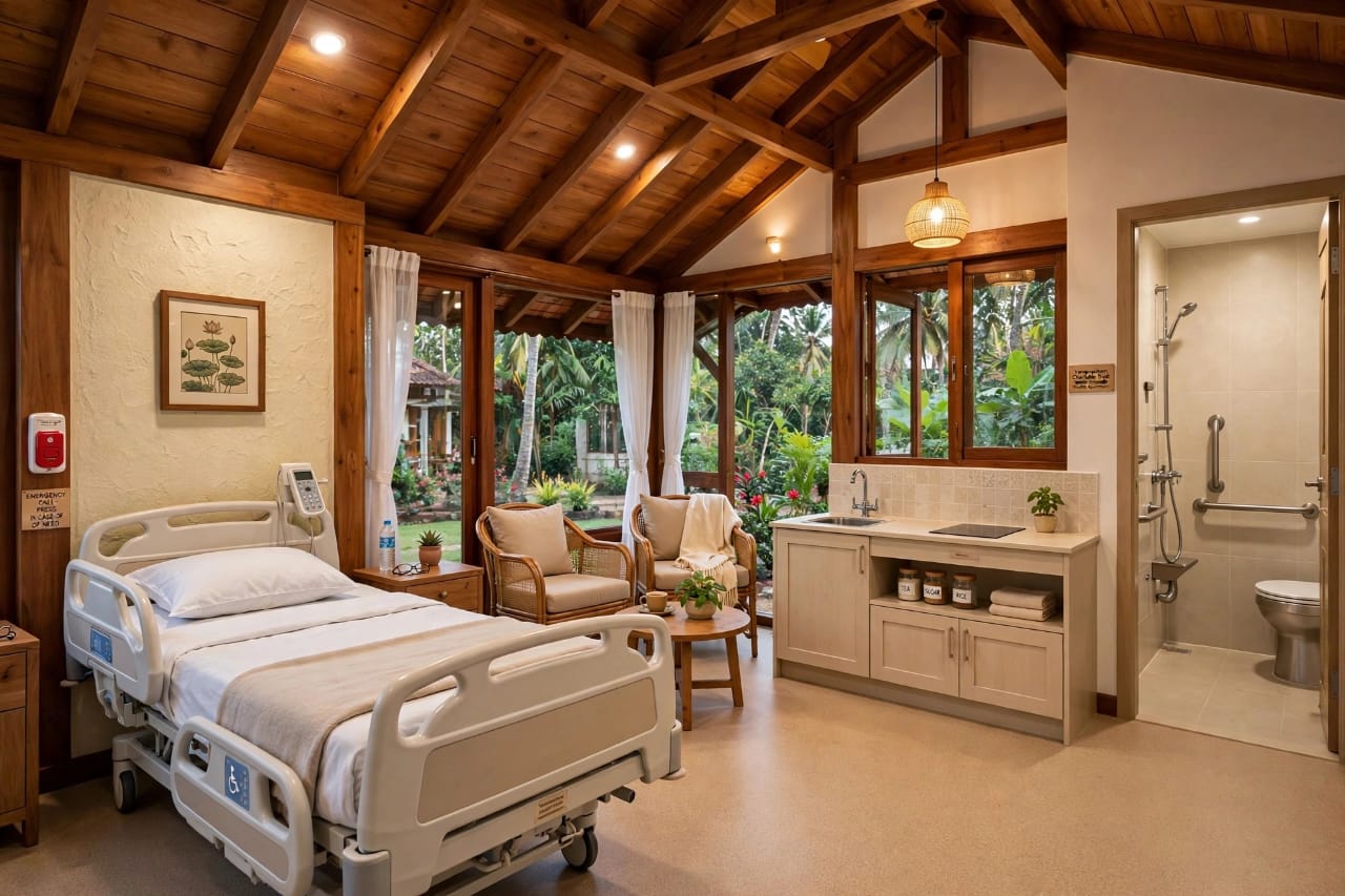Artist's impression of a studio cottage interior: a vaulted timber ceiling, an adjustable bed, an emergency call station, two woven armchairs, a compact kitchenette, and an accessible en-suite bathroom beyond floor-to-ceiling windows.