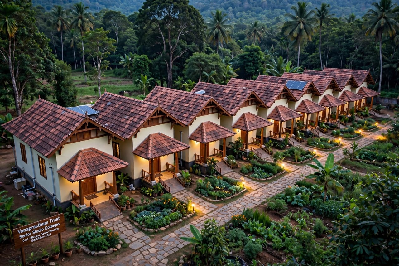 Artist's impression from above of a stepped row of single-storey studio cottages with pitched clay-tile roofs, front porches and solar panels, along an interlocking stone pathway bordered by vegetable patches.