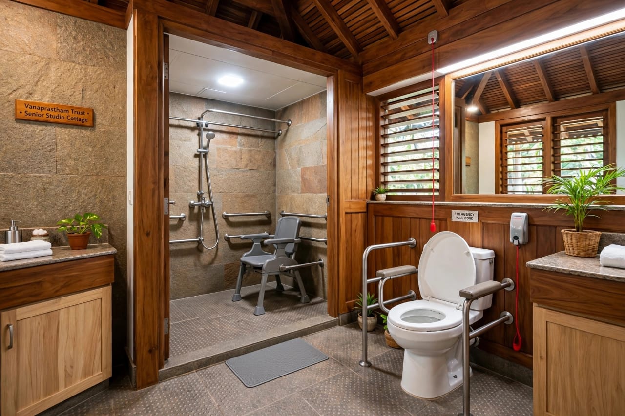 Artist's impression of an accessible cottage bathroom: a toilet with safety grab rails, an emergency pull cord, a roll-in shower with handrails and a built-in seat, wooden vanities and louvered wooden windows.
