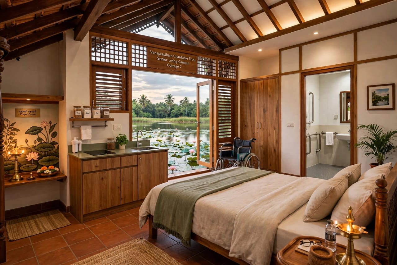 Artist's impression of a cottage bedroom with terracotta floors, a bed, a compact kitchenette and a prayer corner, double doors opening onto a lotus pond with a wheelchair beside them.